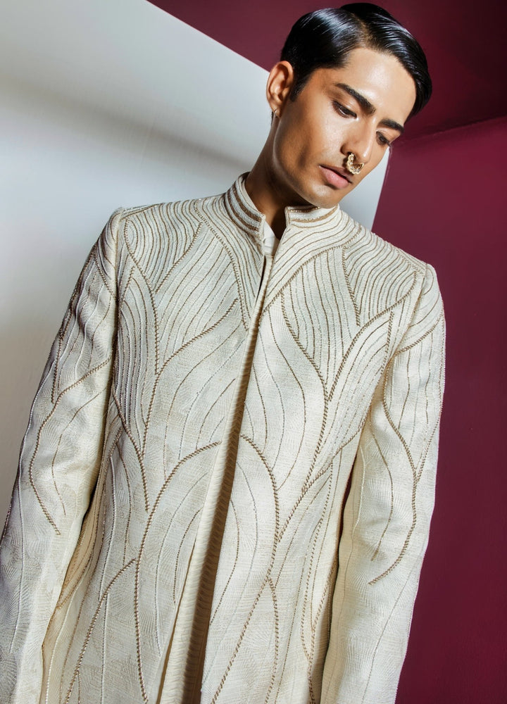 Ivory Embellished Open Sherwani Set With Pants Contrast By Parth - Fabilicious Fashion