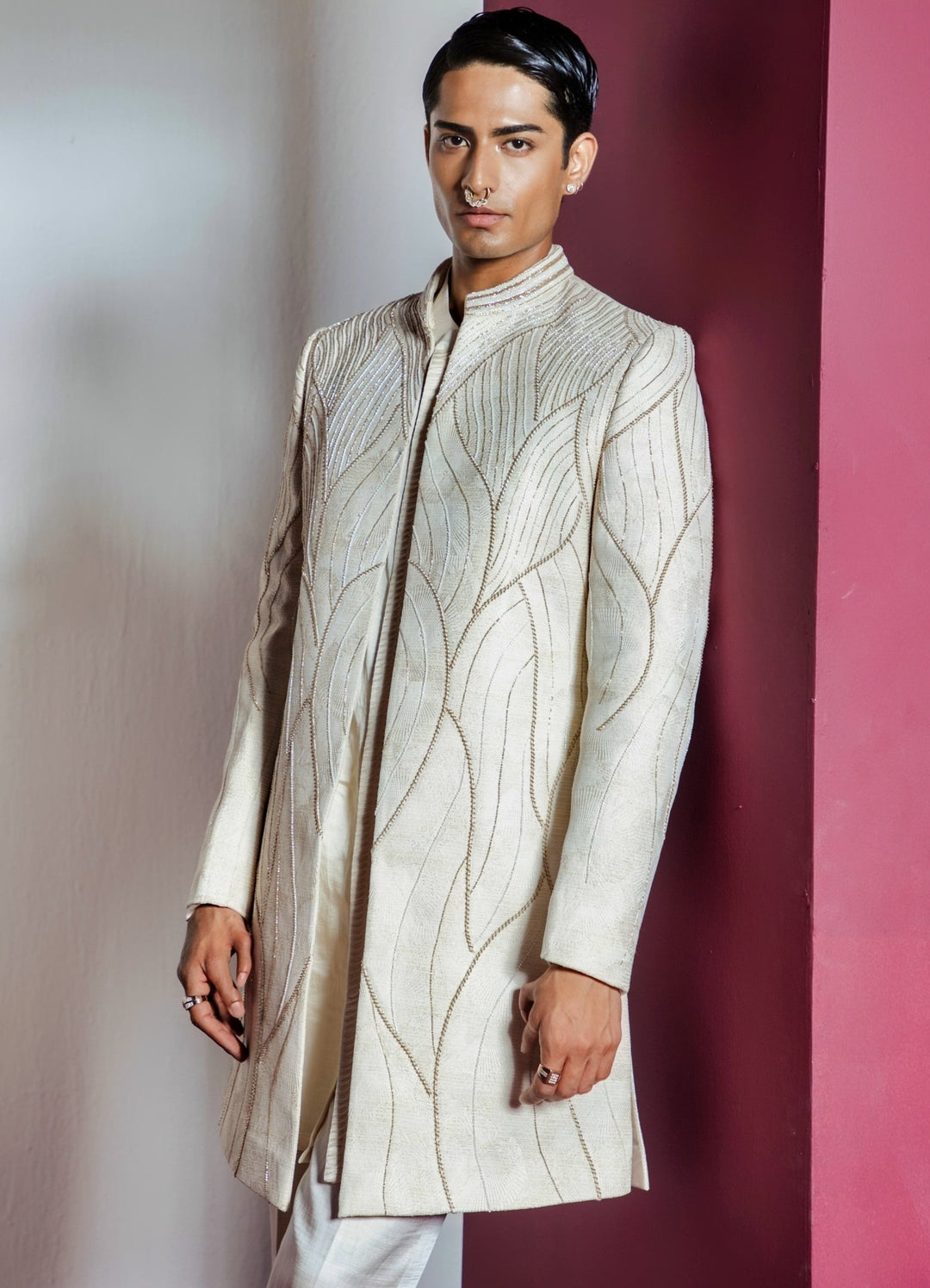 Ivory Embellished Open Sherwani Set With Pants Contrast By Parth - Fabilicious Fashion