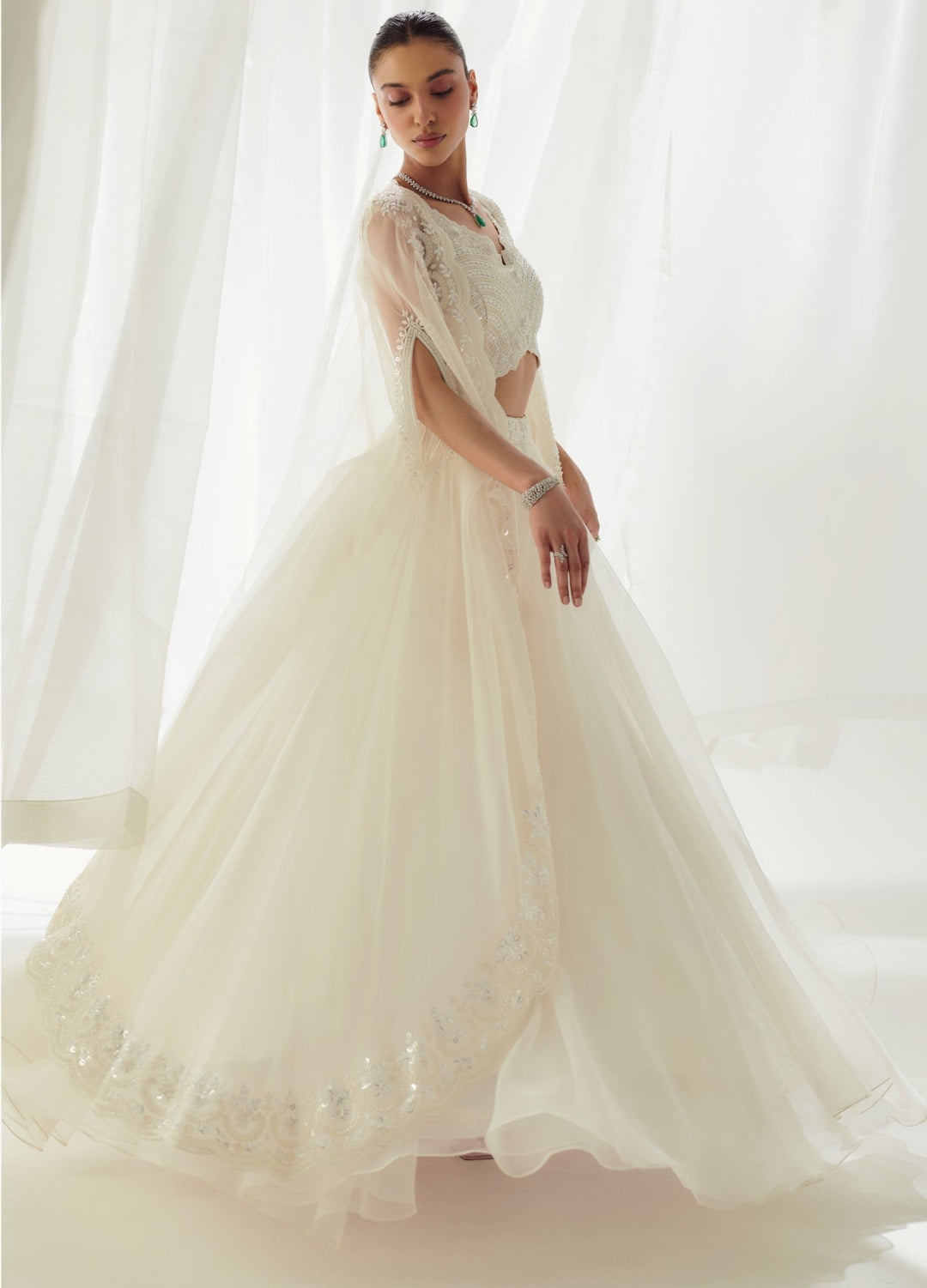 Ivory Embellished Organza Lehenga Set With Cape Suhino - Fabilicious Fashion