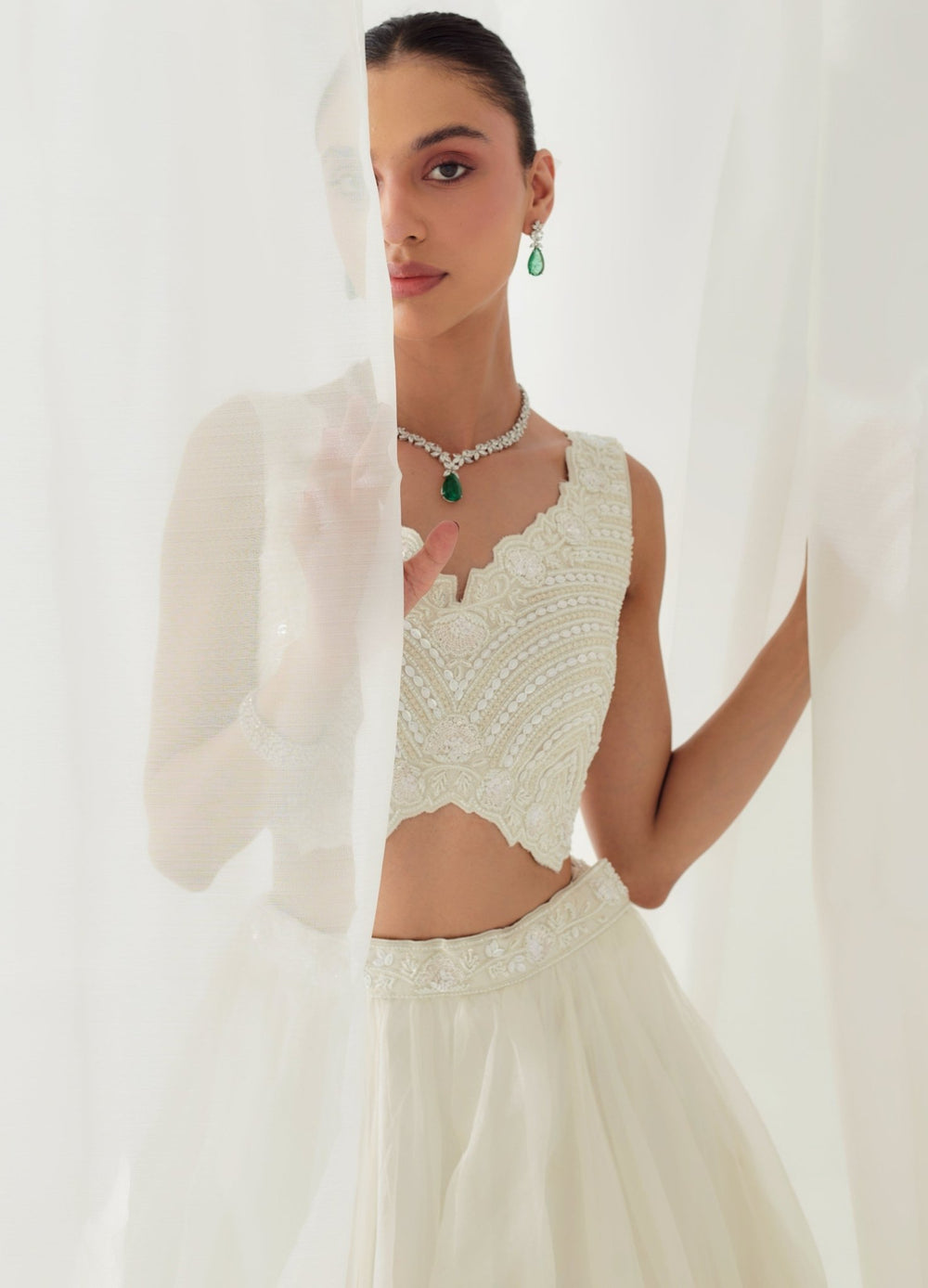 Ivory Embellished Organza Lehenga Set With Cape Suhino - Fabilicious Fashion