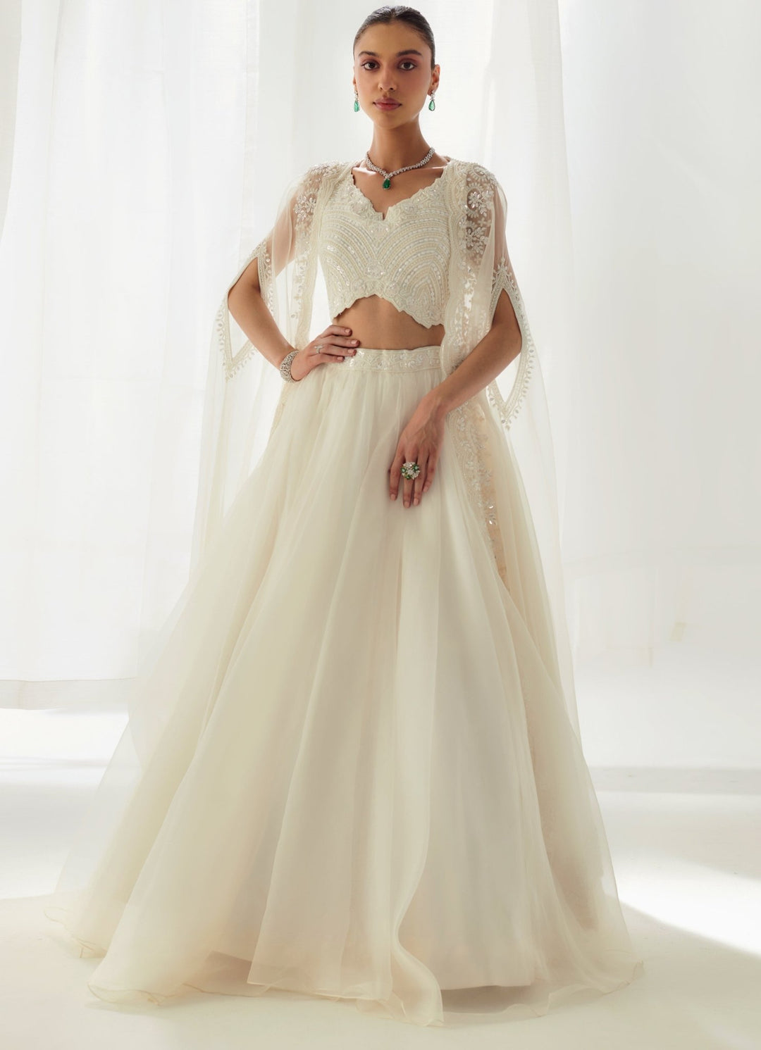Ivory Embellished Organza Lehenga Set With Cape Suhino - Fabilicious Fashion