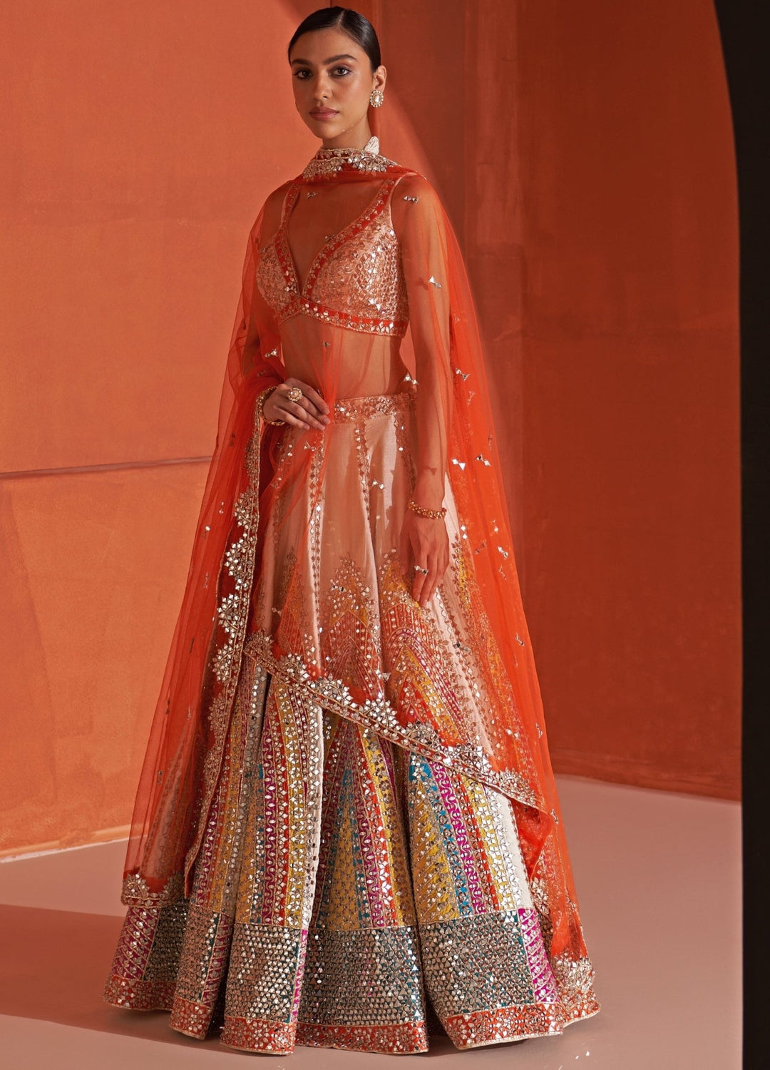 Ivory Embellished Raw Silk Lehenga Set With Orange Dupatta Angad Singh - Fabilicious Fashion
