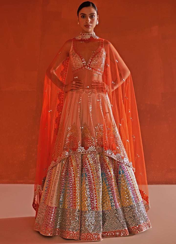 Ivory Embellished Raw Silk Lehenga Set With Orange Dupatta Angad Singh - Fabilicious Fashion