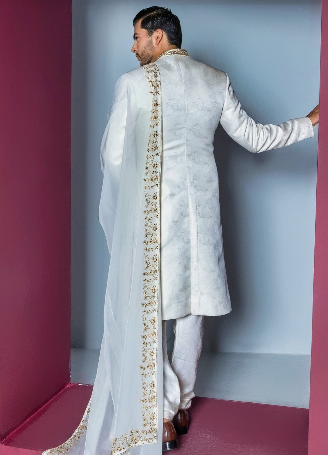 Ivory Embellished Sherwani With Organza Stole Contrast By Parth - Fabilicious Fashion