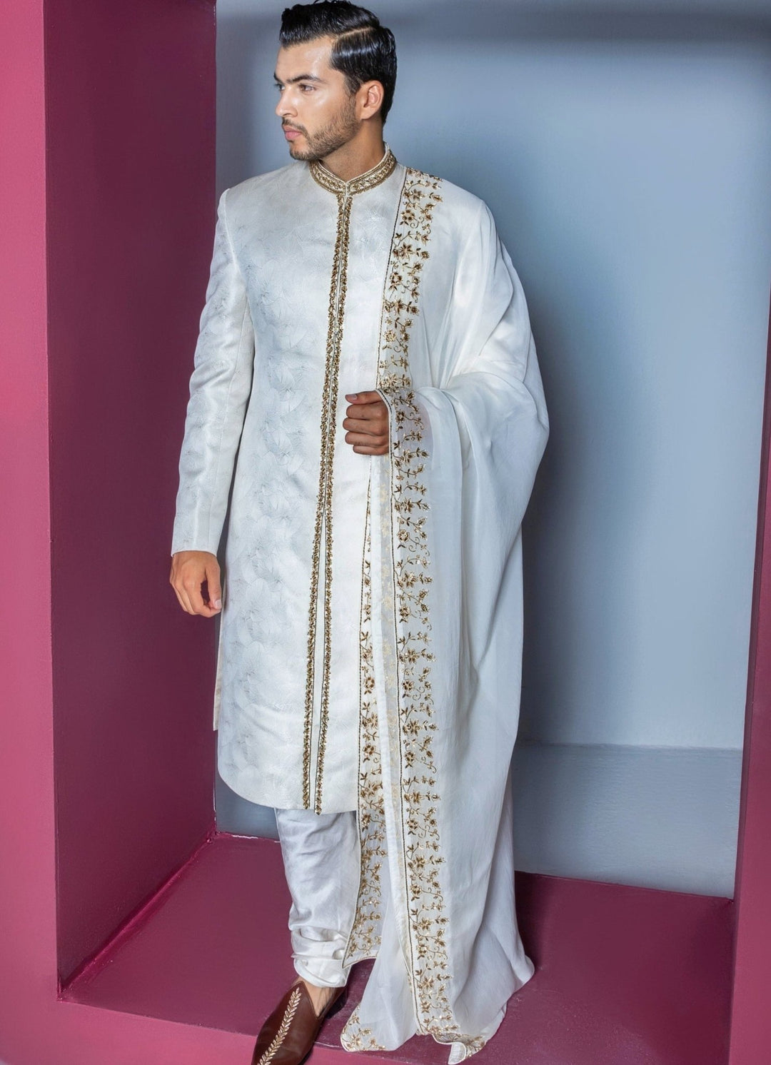 Ivory Embellished Sherwani With Organza Stole Contrast By Parth - Fabilicious Fashion