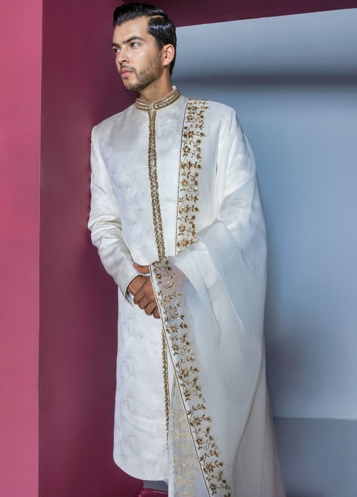 Ivory Embellished Sherwani With Organza Stole Contrast By Parth - Fabilicious Fashion