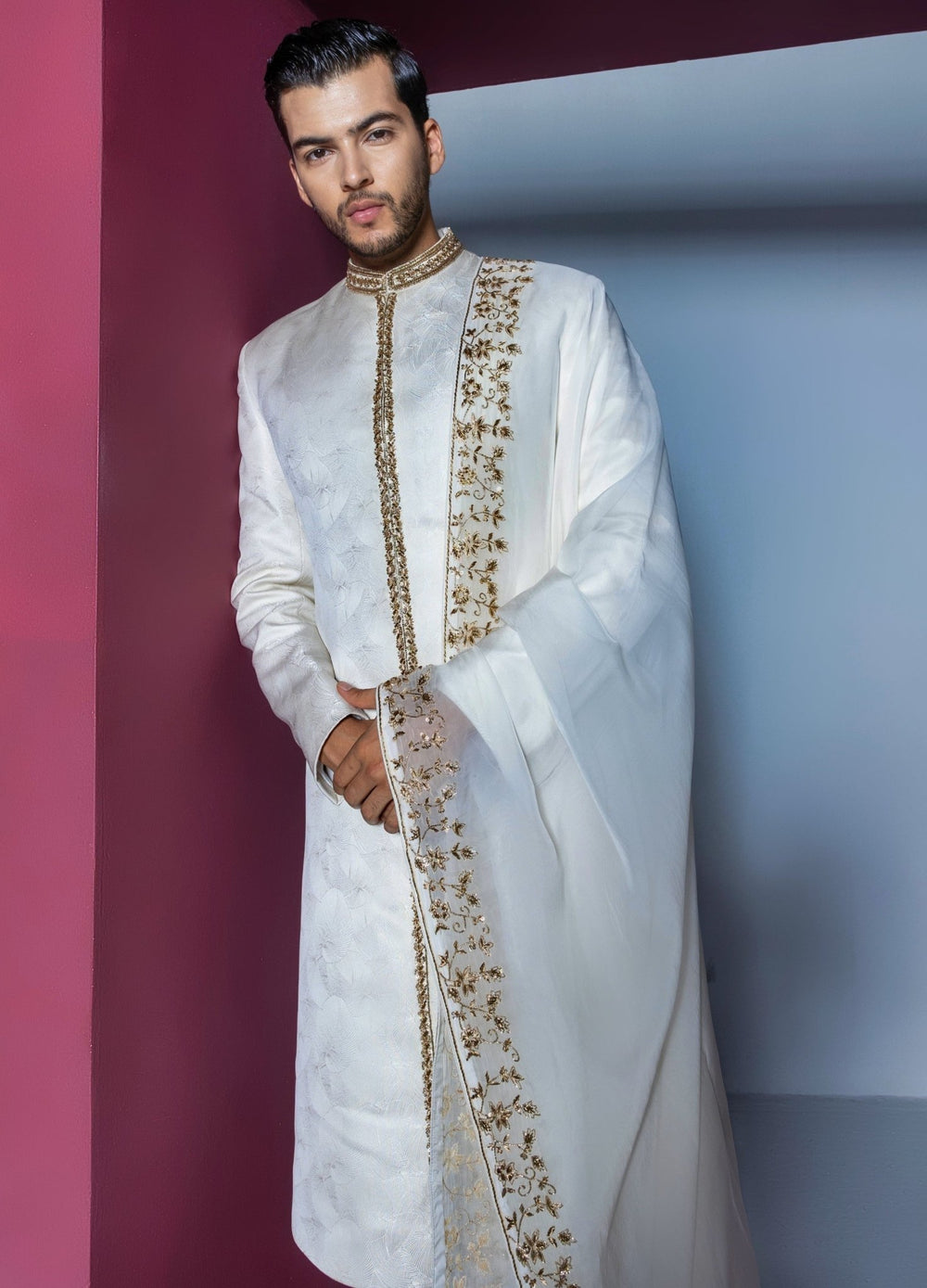 Ivory Embellished Sherwani With Organza Stole Contrast By Parth - Fabilicious Fashion