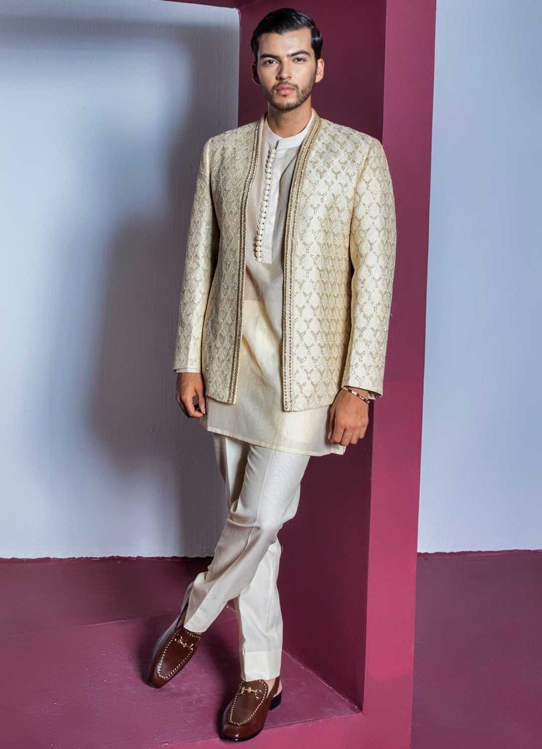 Ivory Embellished Silk Jacket With Textured Kurta Set Contrast By Parth - Fabilicious Fashion
