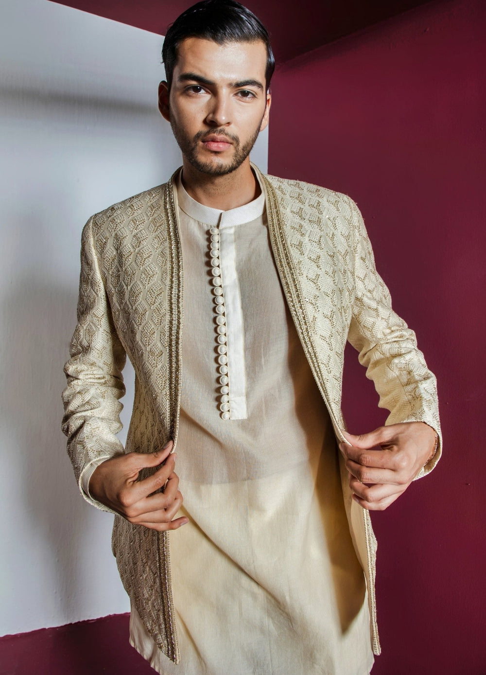 Ivory Embellished Silk Jacket With Textured Kurta Set Contrast By Parth - Fabilicious Fashion