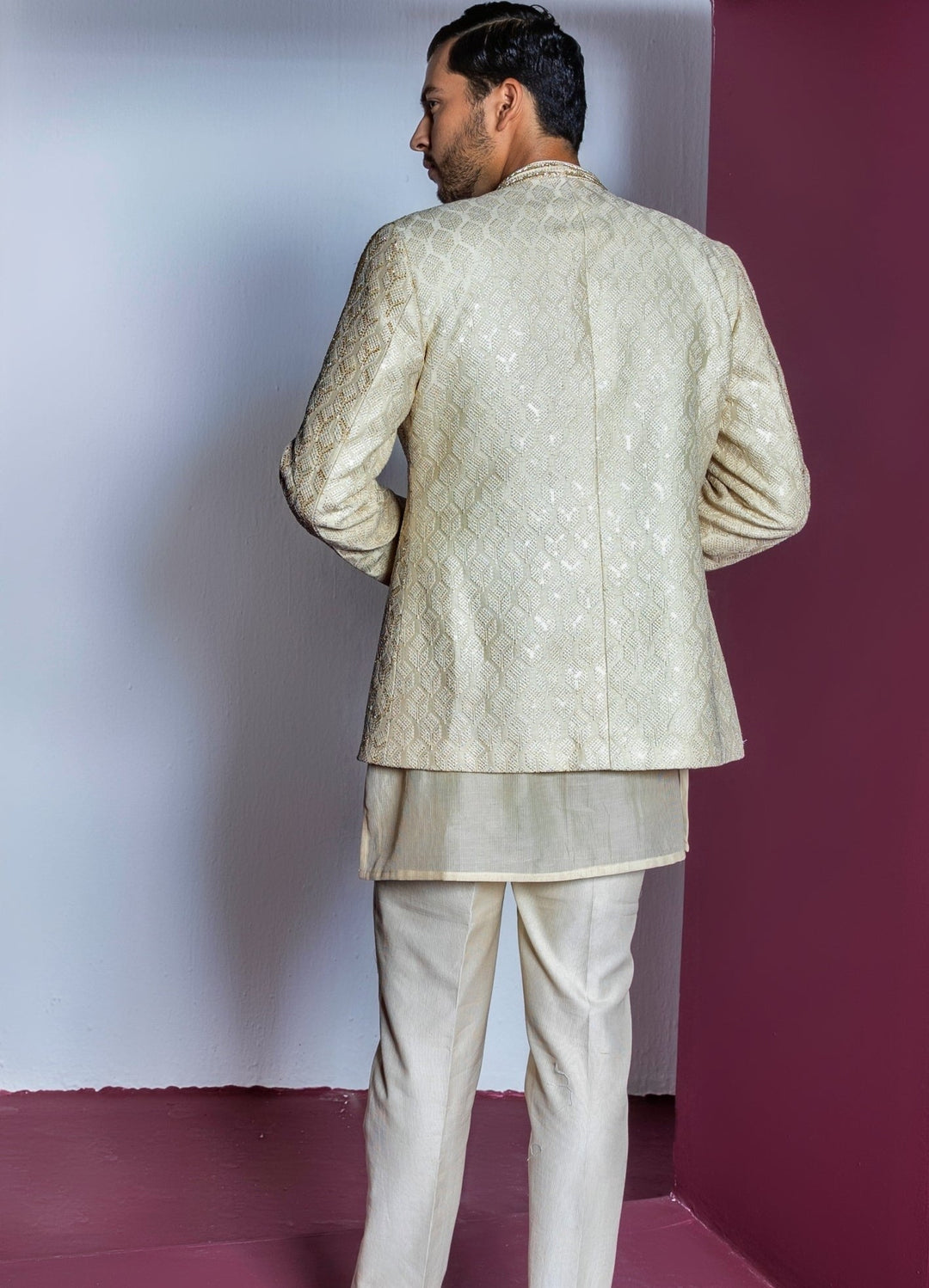 Ivory Embellished Silk Jacket With Textured Kurta Set Contrast By Parth - Fabilicious Fashion