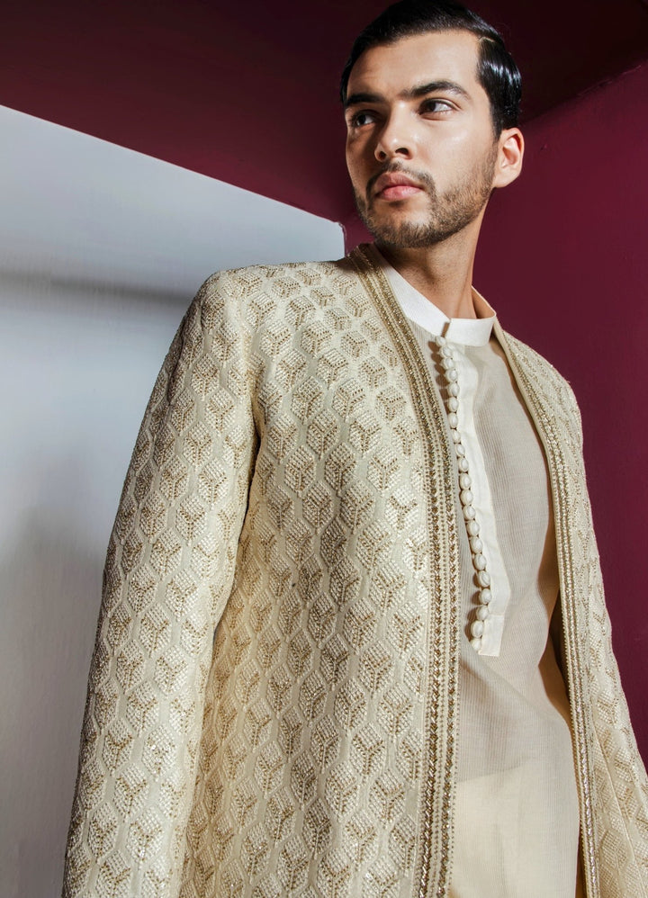 Ivory Embellished Silk Jacket With Textured Kurta Set Contrast By Parth - Fabilicious Fashion