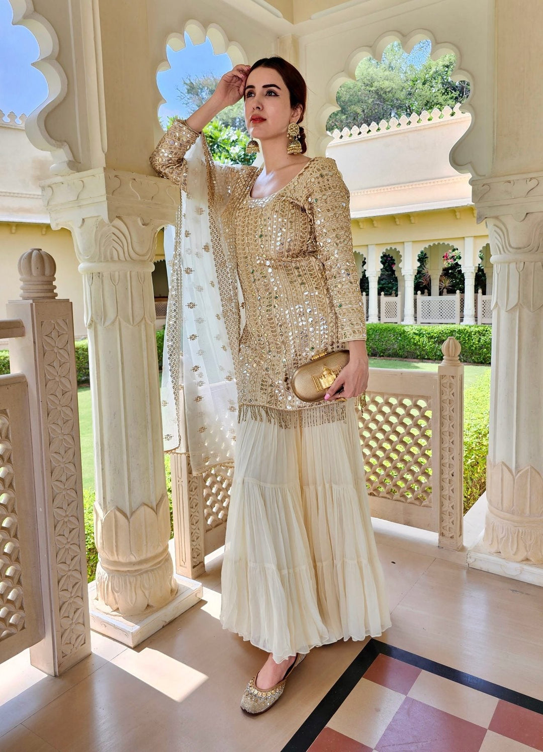 Anisha Shetty Ivory Embellished Silk Kurta Sharara Set L Anisha Shetty Ivory Embellished Silk Kurta Sharara Set L