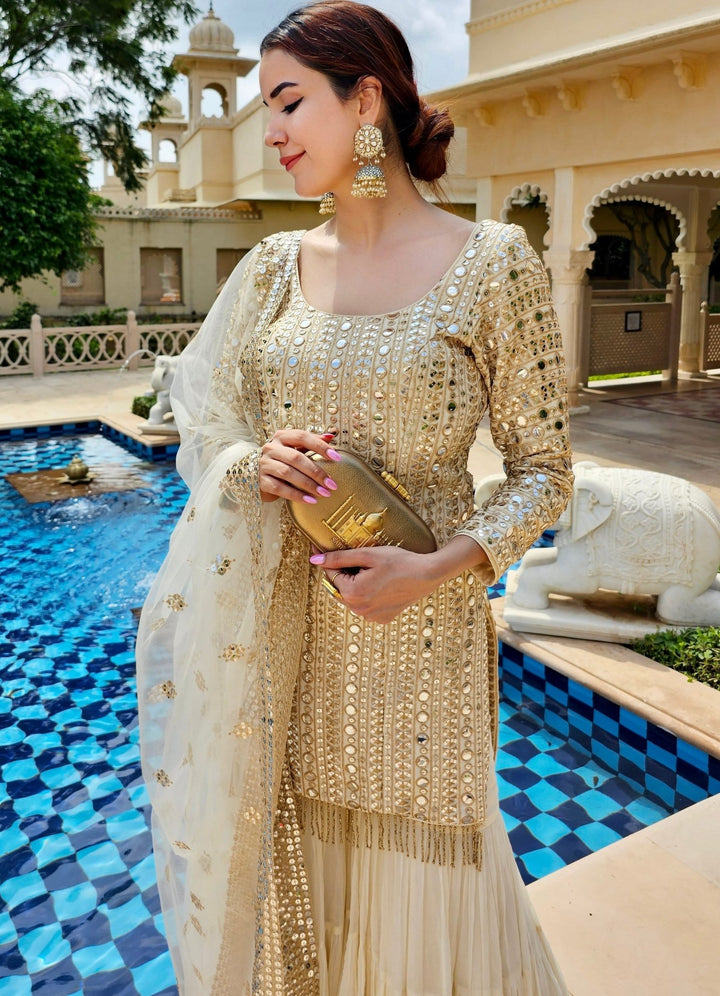 Ivory Embellished Silk Kurta Sharara Set Anisha Shetty - Fabilicious Fashion