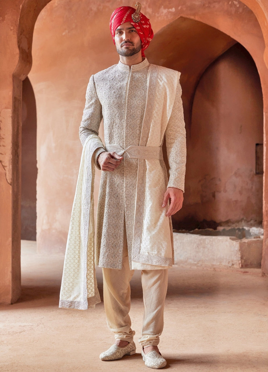 Ivory Embellished Silk Shewani Set With Churidar Pant Nitika Gujral - Men - Fabilicious Fashion
