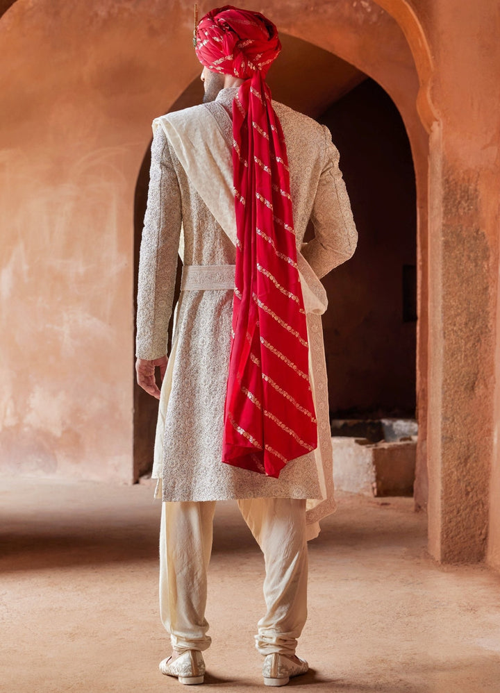 Ivory Embellished Silk Shewani Set With Churidar Pant Nitika Gujral - Men - Fabilicious Fashion