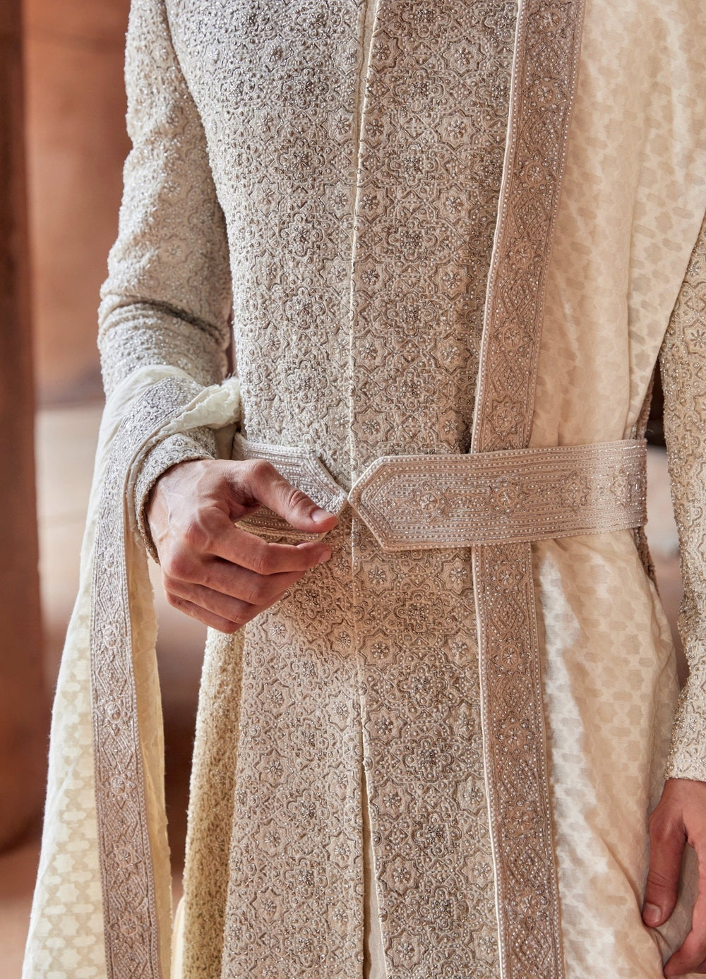Ivory Embellished Silk Shewani Set With Churidar Pant Nitika Gujral - Men - Fabilicious Fashion