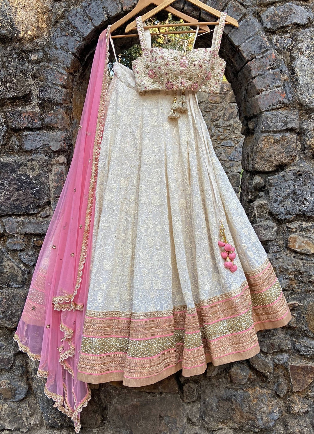 Ivory Embroidered Floral Bustier Lehenga Set Priti Sahni - Fabilicious Fashion