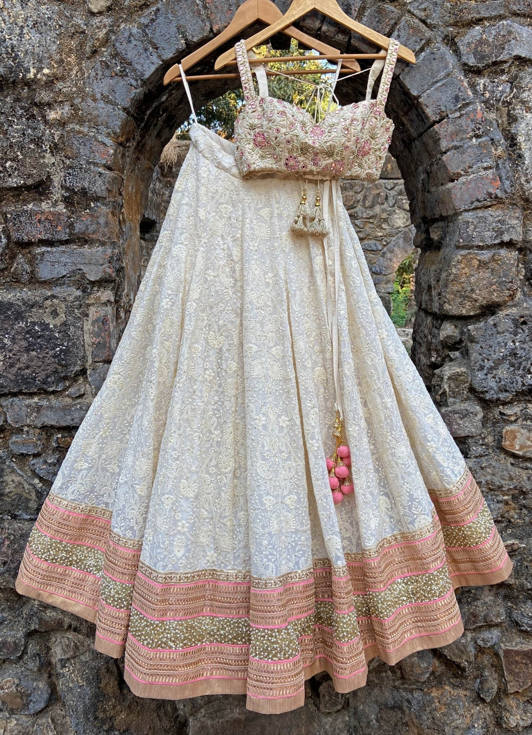Ivory Embroidered Floral Bustier Lehenga Set Priti Sahni - Fabilicious Fashion