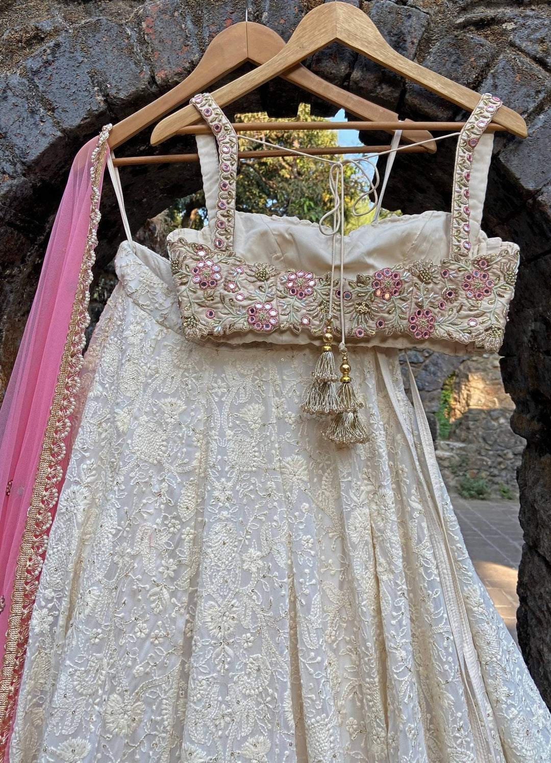 Ivory Embroidered Floral Bustier Lehenga Set Priti Sahni - Fabilicious Fashion