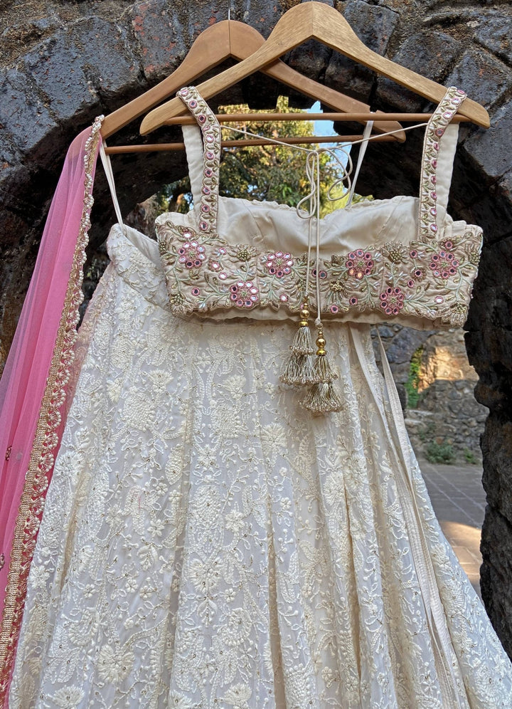 Ivory Embroidered Floral Bustier Lehenga Set Priti Sahni - Fabilicious Fashion