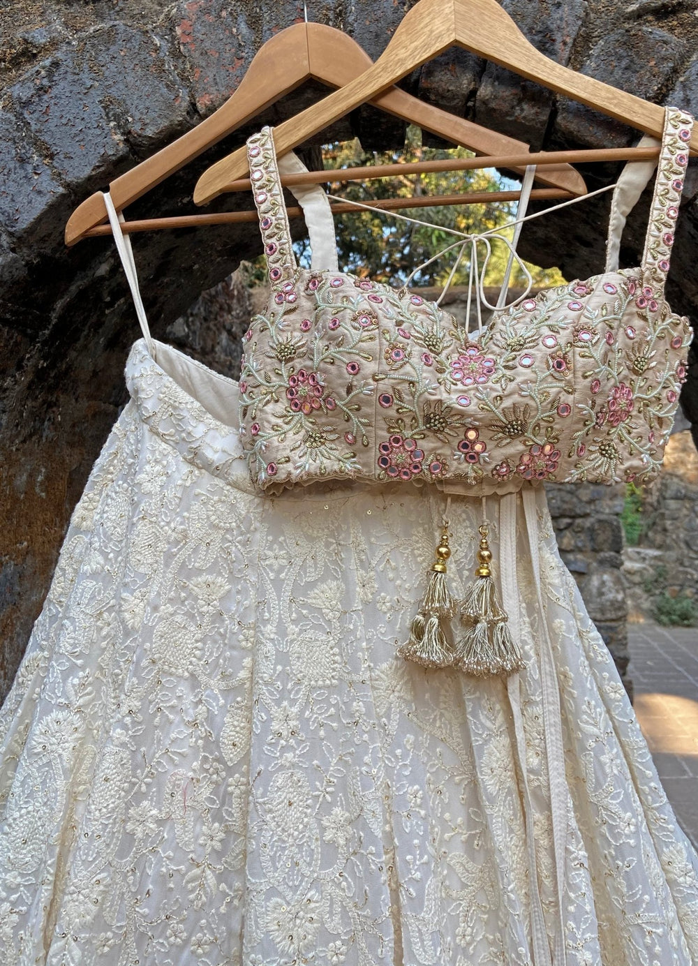 Ivory Embroidered Floral Bustier Lehenga Set Priti Sahni - Fabilicious Fashion