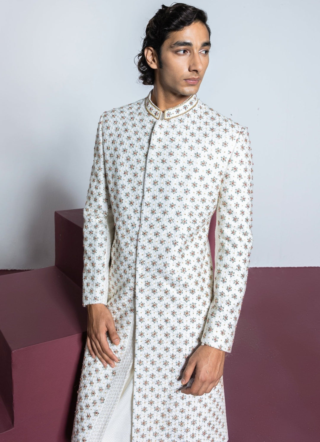 Ivory Floral Embellished Sherwani Set With Churidar Contrast By Parth - Fabilicious Fashion