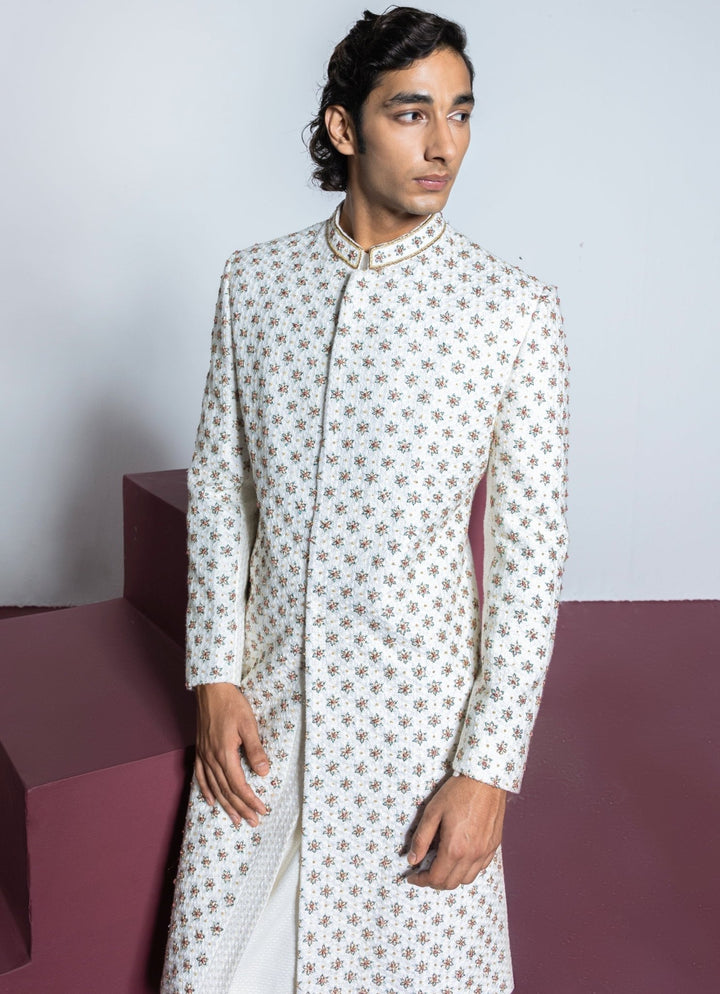 Ivory Floral Embellished Sherwani Set With Churidar Contrast By Parth - Fabilicious Fashion