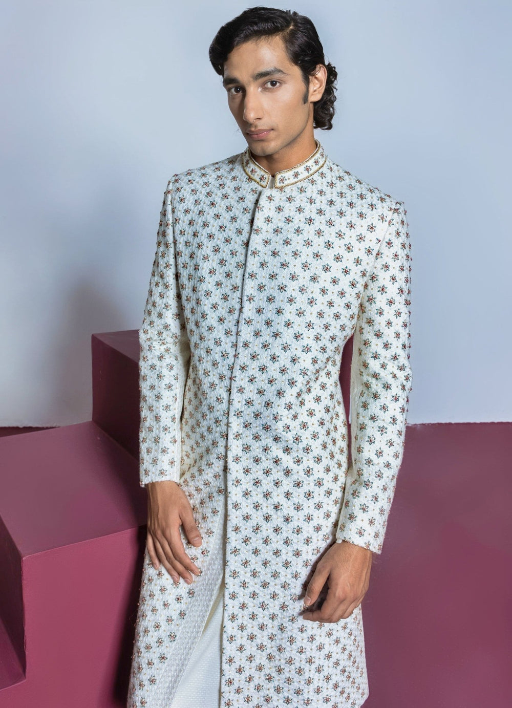Ivory Floral Embellished Sherwani Set With Churidar Contrast By Parth - Fabilicious Fashion