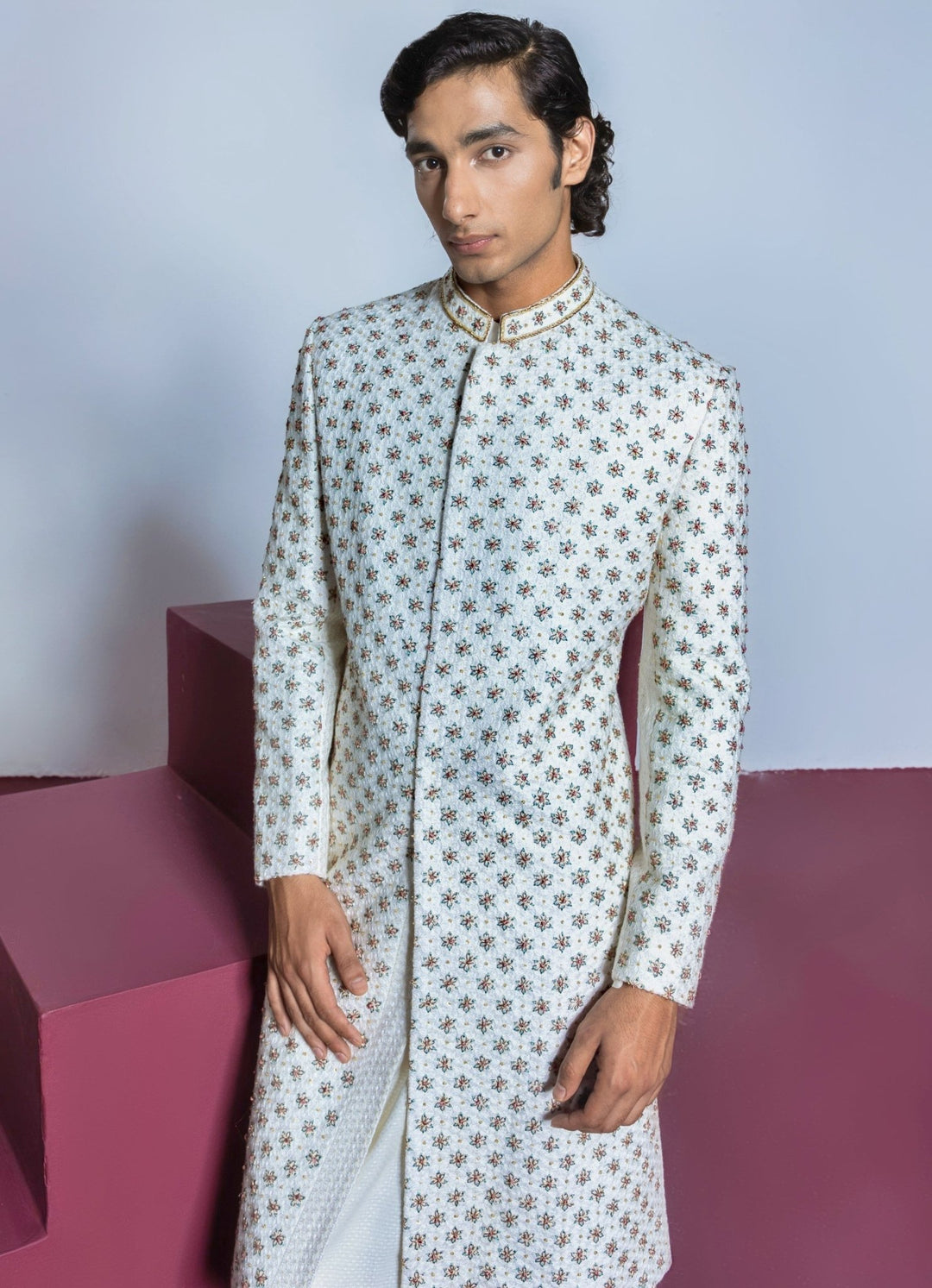 Ivory Floral Embellished Sherwani Set With Churidar Contrast By Parth - Fabilicious Fashion