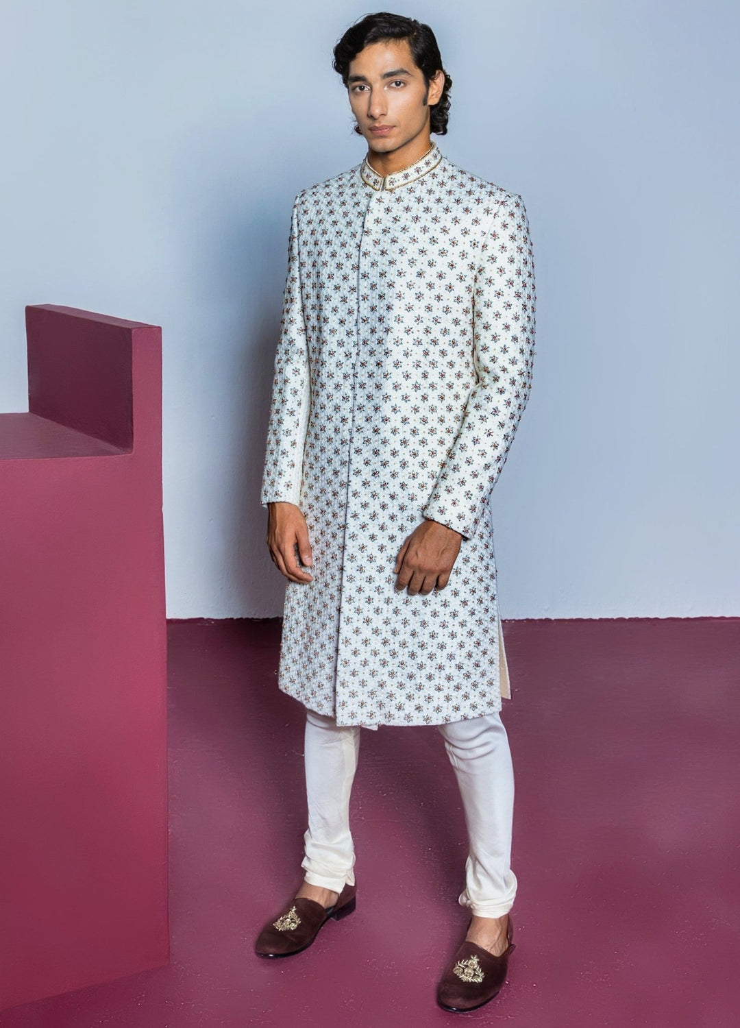 Ivory Floral Embellished Sherwani Set With Churidar Contrast By Parth - Fabilicious Fashion
