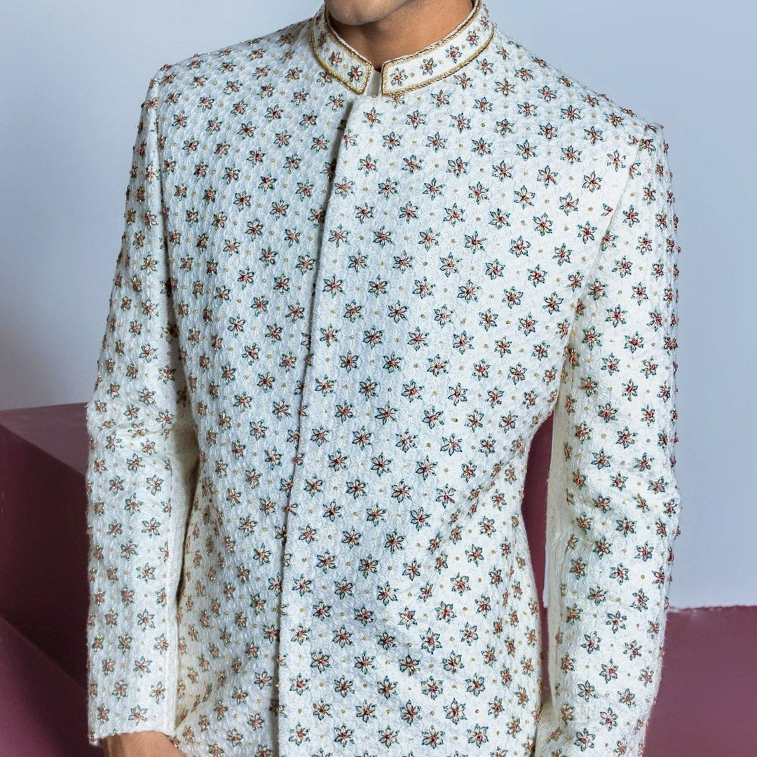 Ivory Floral Embellished Sherwani Set With Churidar Contrast By Parth - Fabilicious Fashion