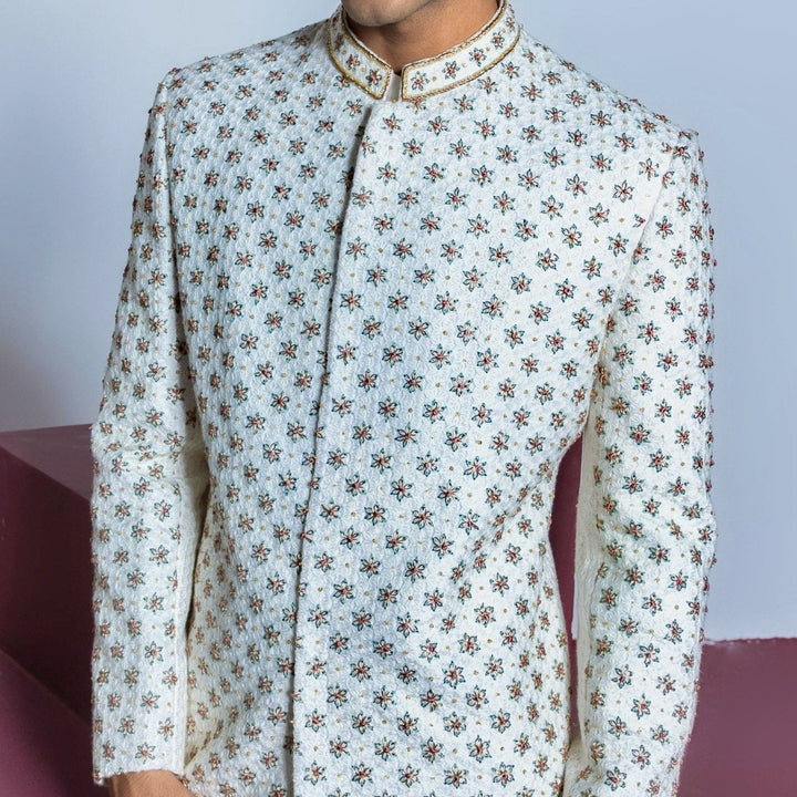 Ivory Floral Embellished Sherwani Set With Churidar Contrast By Parth - Fabilicious Fashion