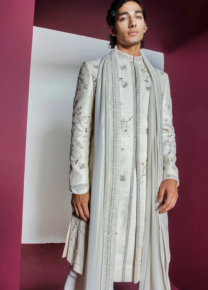 Ivory Floral Embellished Sherwani Set With Stole Contrast By Parth - Fabilicious Fashion