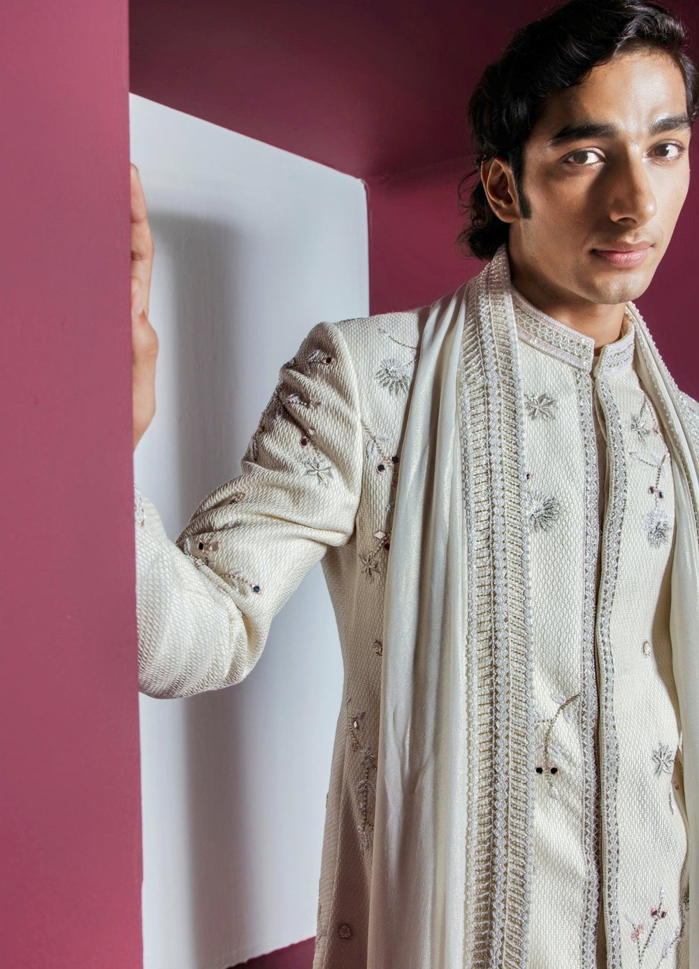Ivory Floral Embellished Sherwani Set With Stole Contrast By Parth - Fabilicious Fashion