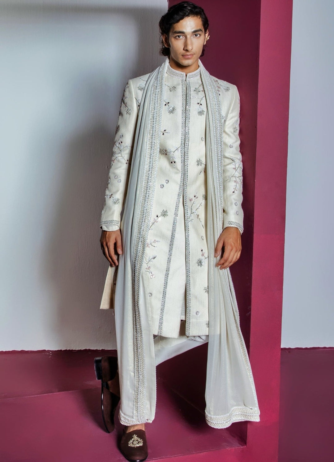 Ivory Floral Embellished Sherwani Set With Stole Contrast By Parth - Fabilicious Fashion