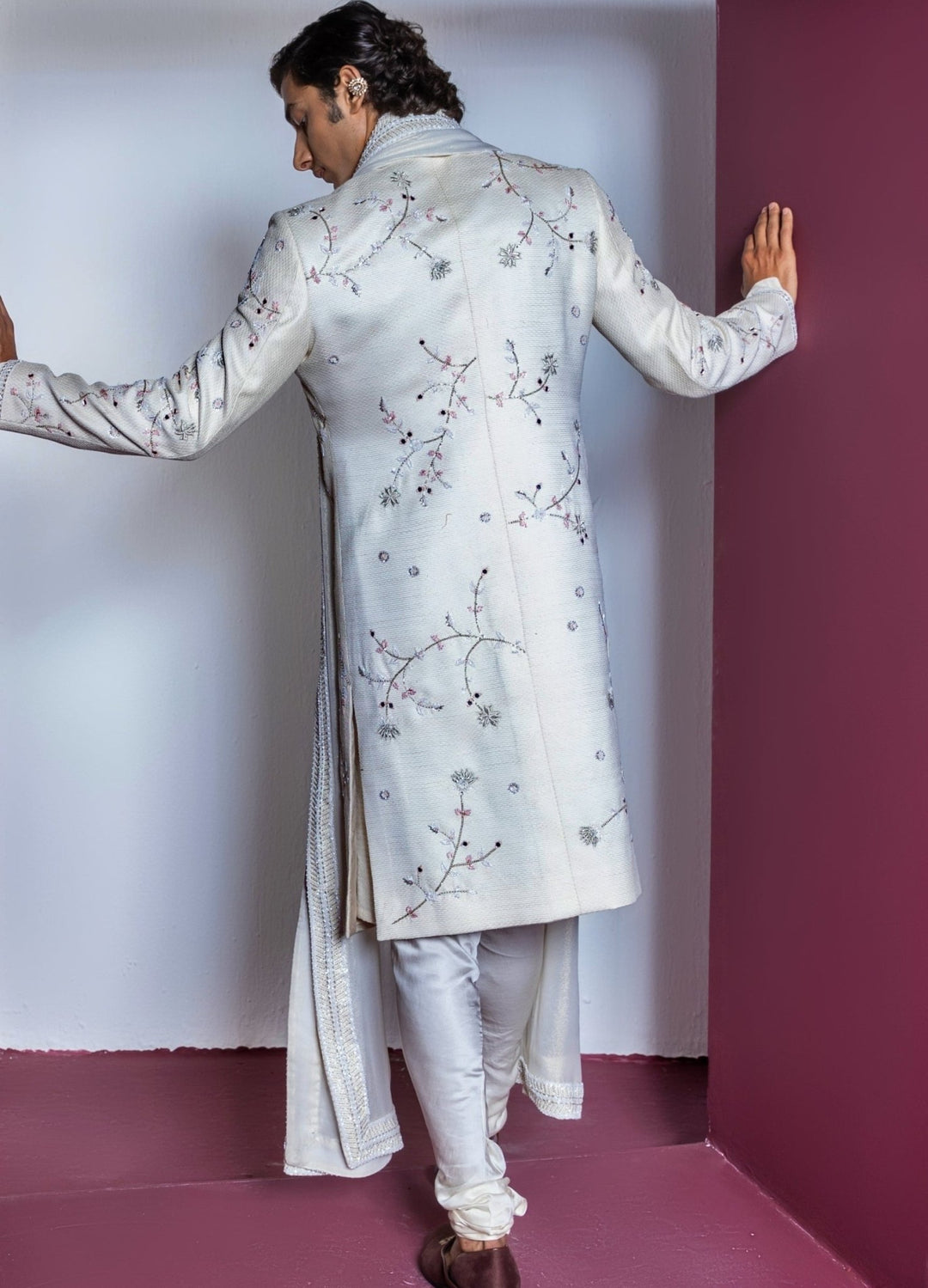 Ivory Floral Embellished Sherwani Set With Stole Contrast By Parth - Fabilicious Fashion