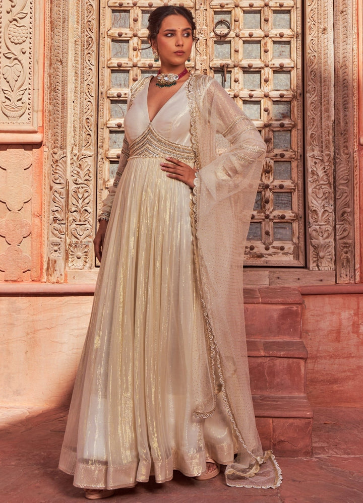Ivory Georgette Embellished Anarkali With Dupatta Nidhika Shekhar - Fabilicious Fashion