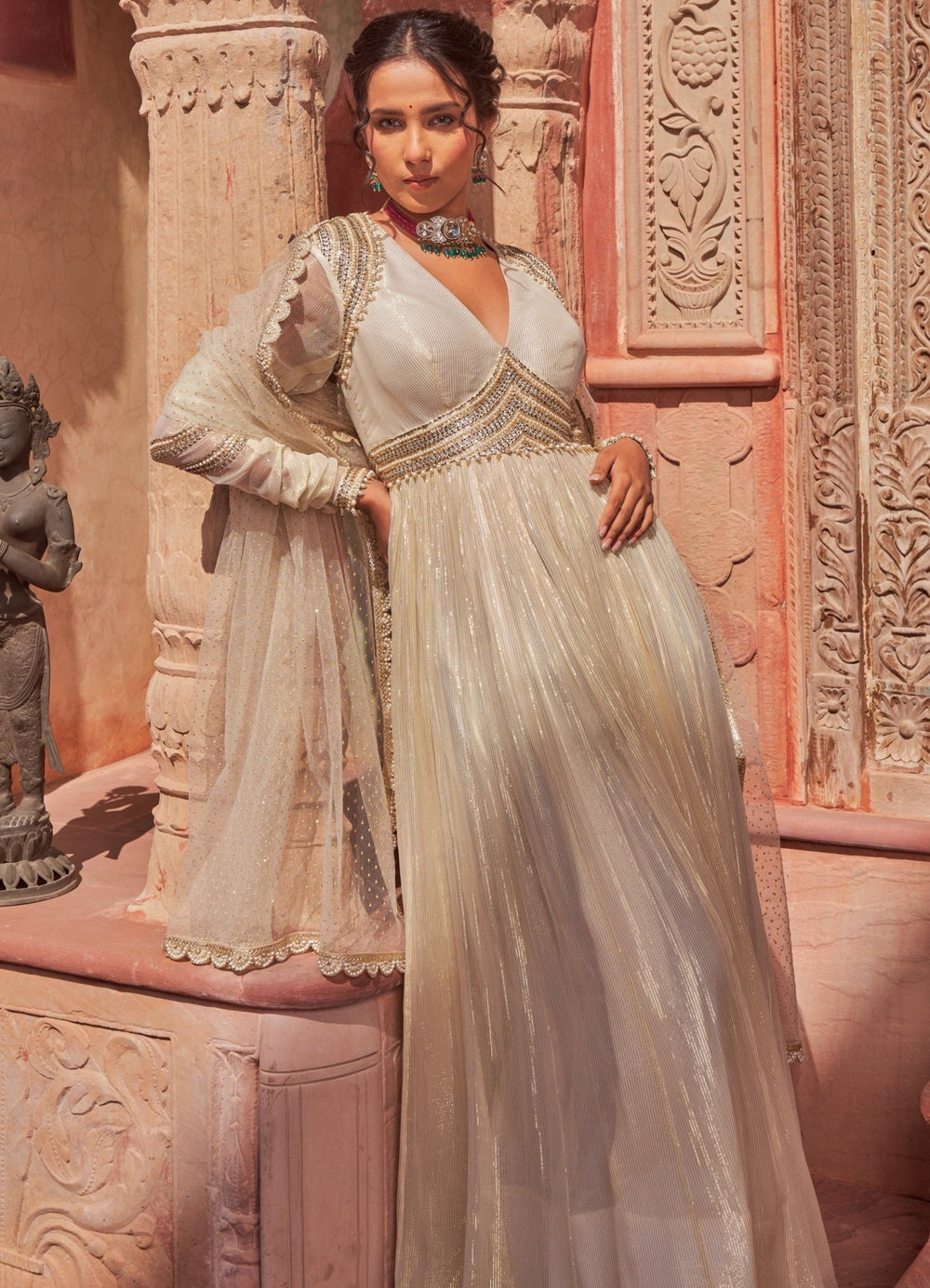 Ivory Georgette Embellished Anarkali With Dupatta Nidhika Shekhar - Fabilicious Fashion