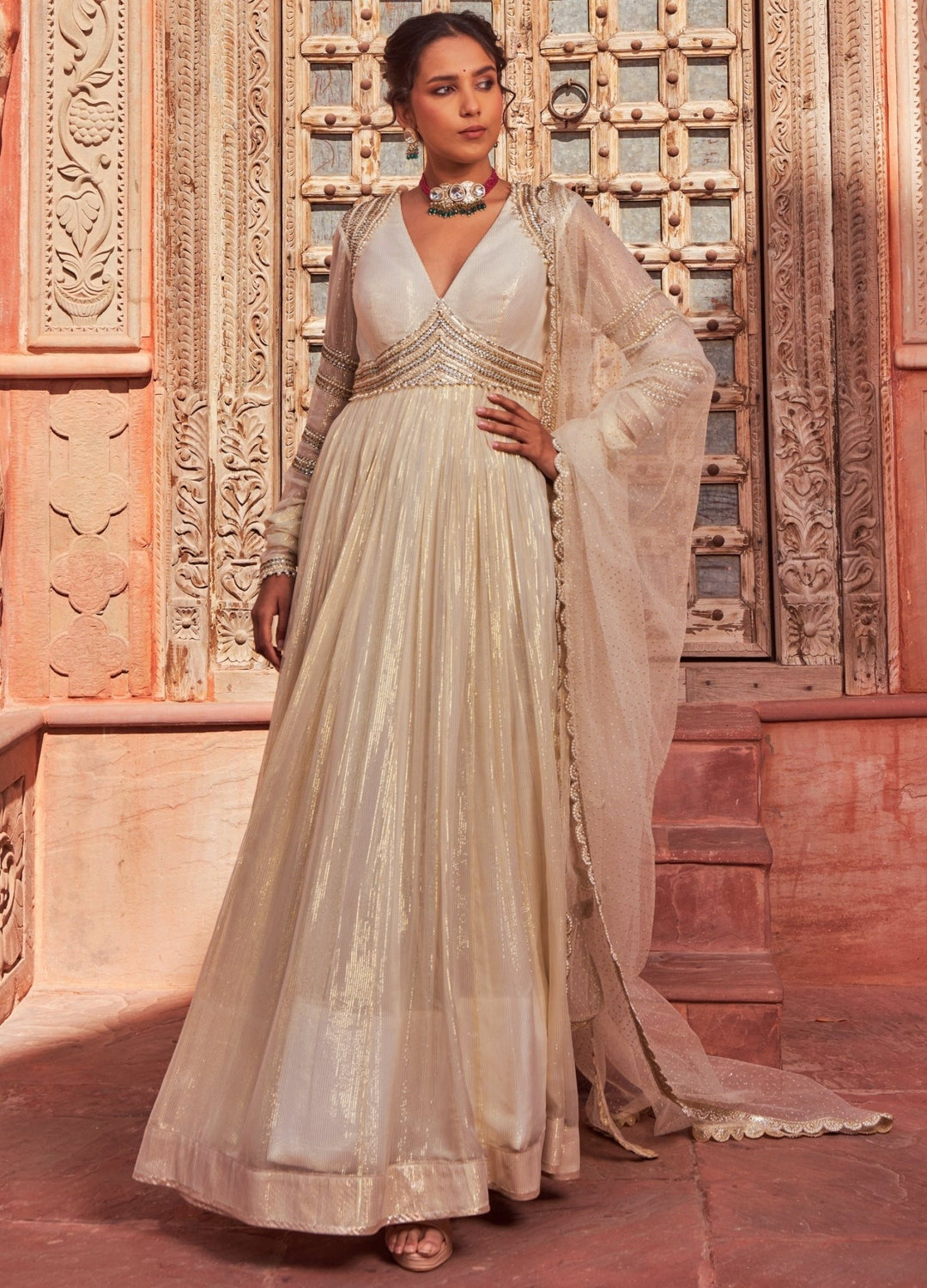 Ivory Georgette Embellished Anarkali With Dupatta Nidhika Shekhar - Fabilicious Fashion
