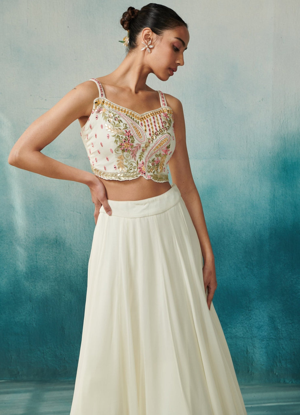 Ivory Georgette Lehenga And Cape Set Suhino - Fabilicious Fashion