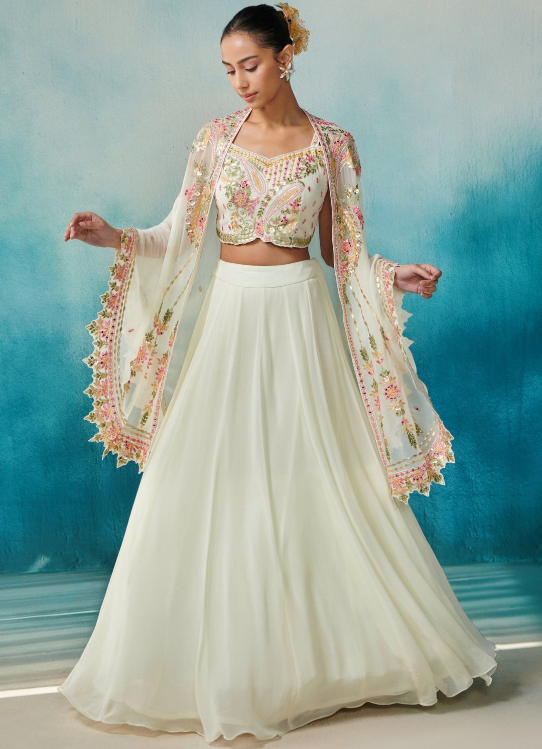 Ivory Georgette Lehenga And Cape Set Suhino - Fabilicious Fashion
