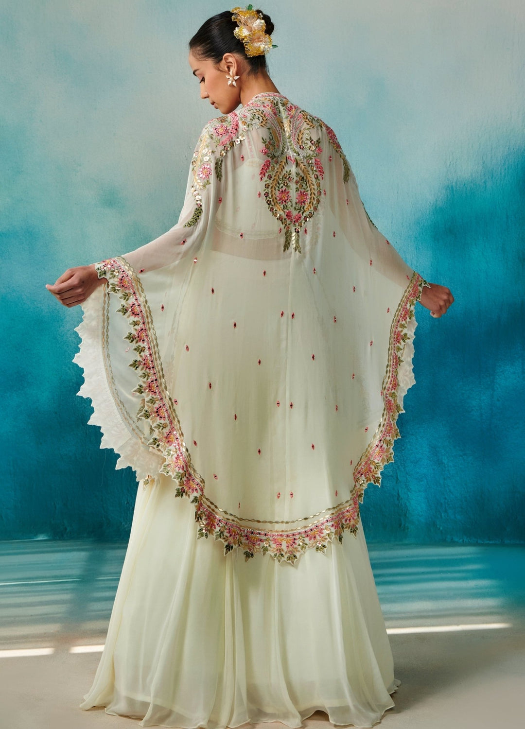 Ivory Georgette Lehenga And Cape Set Suhino - Fabilicious Fashion