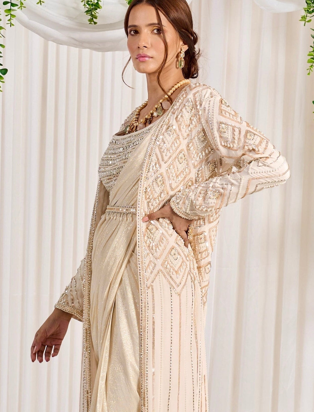 Ivory Georgette Saree With Embellished Blouse & Full Sleeved Cape Nidhika Shekhar - Fabilicious Fashion