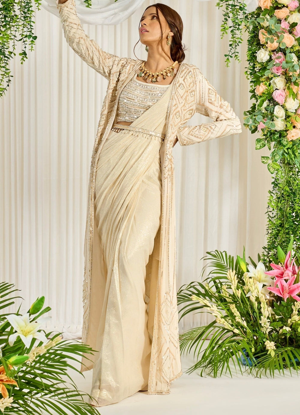 Ivory Georgette Saree With Embellished Blouse & Full Sleeved Cape Nidhika Shekhar - Fabilicious Fashion
