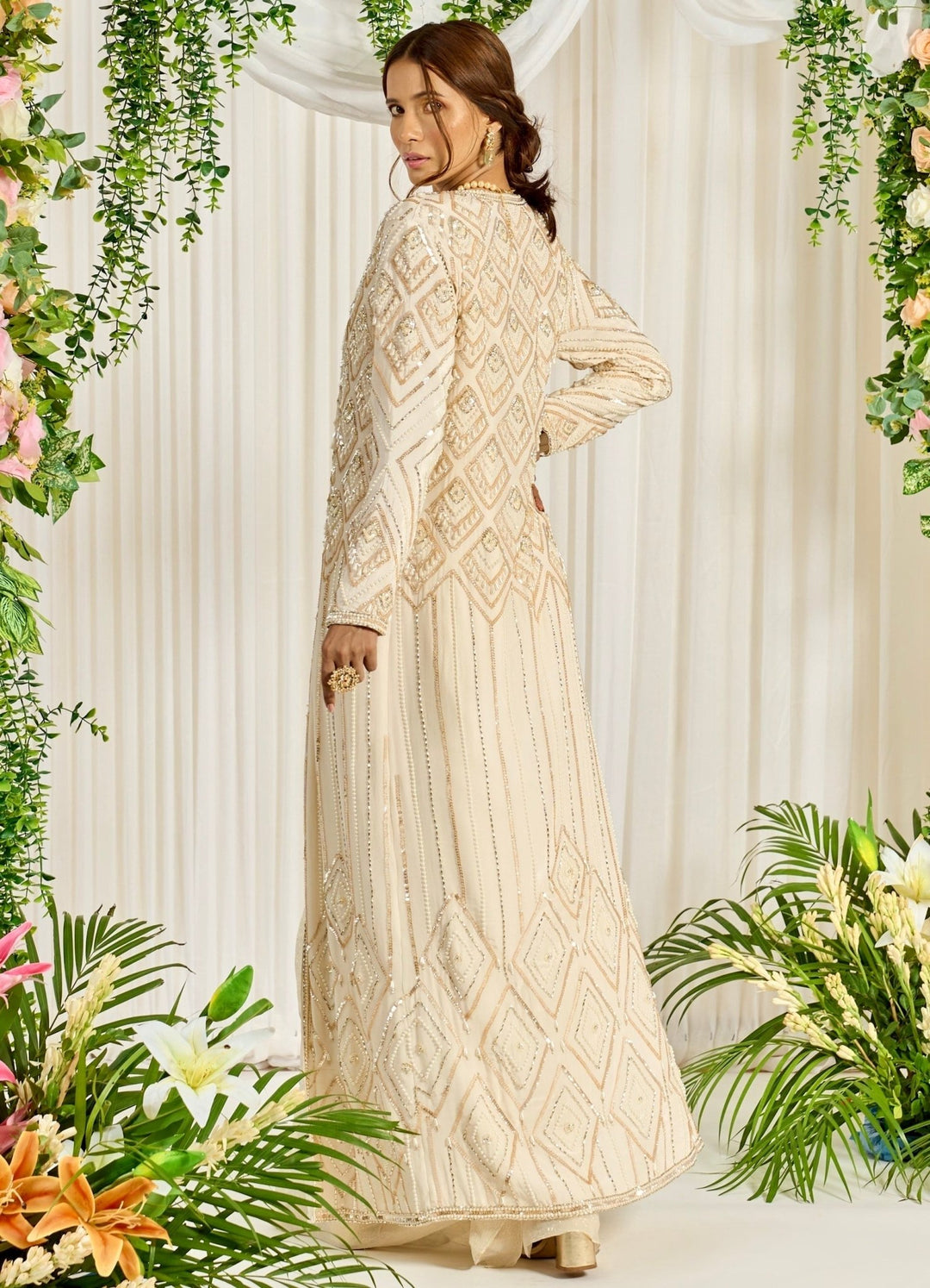Ivory Georgette Saree With Embellished Blouse & Full Sleeved Cape Nidhika Shekhar - Fabilicious Fashion