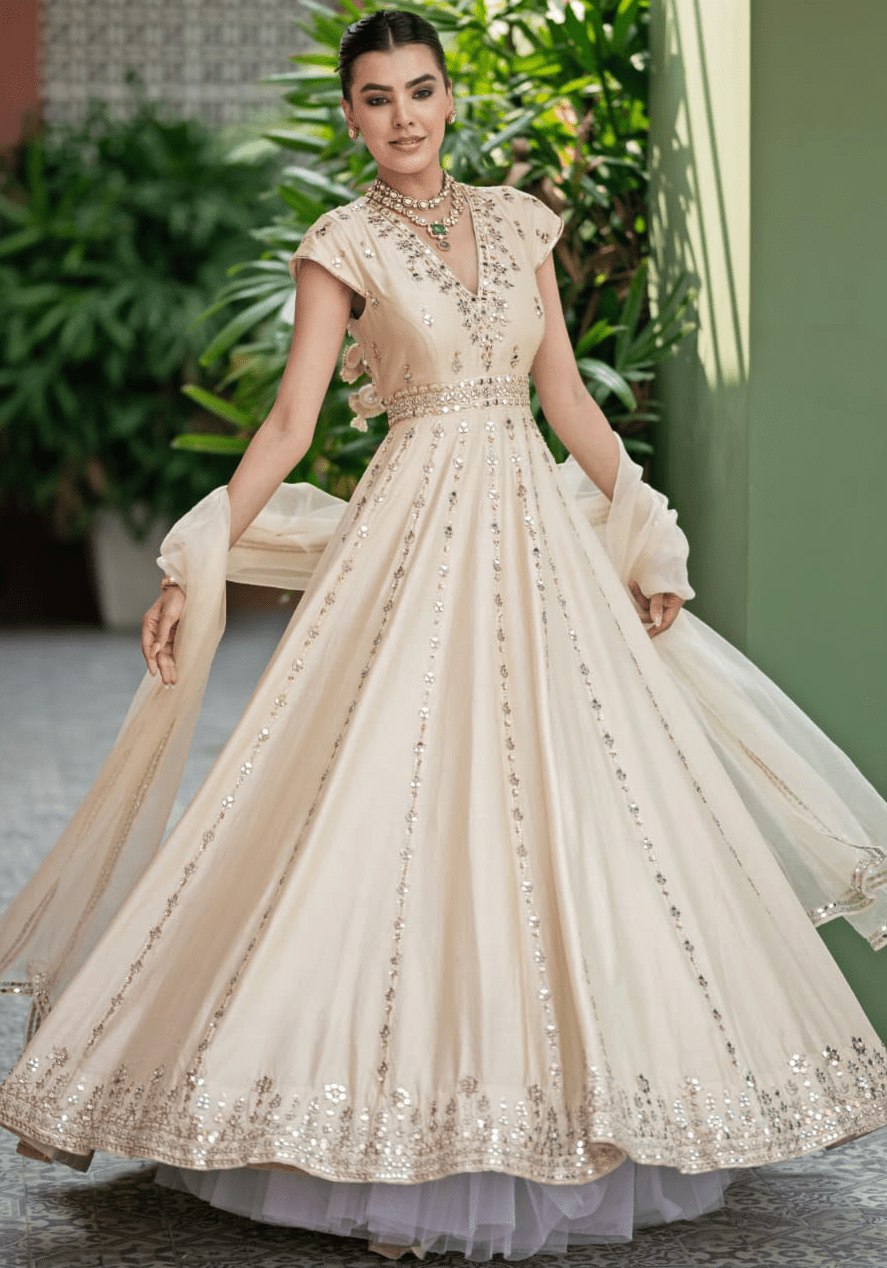 Ivory Gold Chanderi Anarkali Set Esha Koul - Fabilicious Fashion