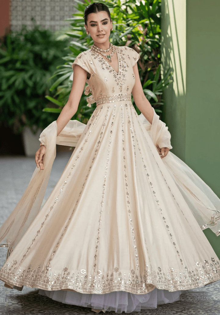Ivory Gold Chanderi Anarkali Set Esha Koul - Fabilicious Fashion