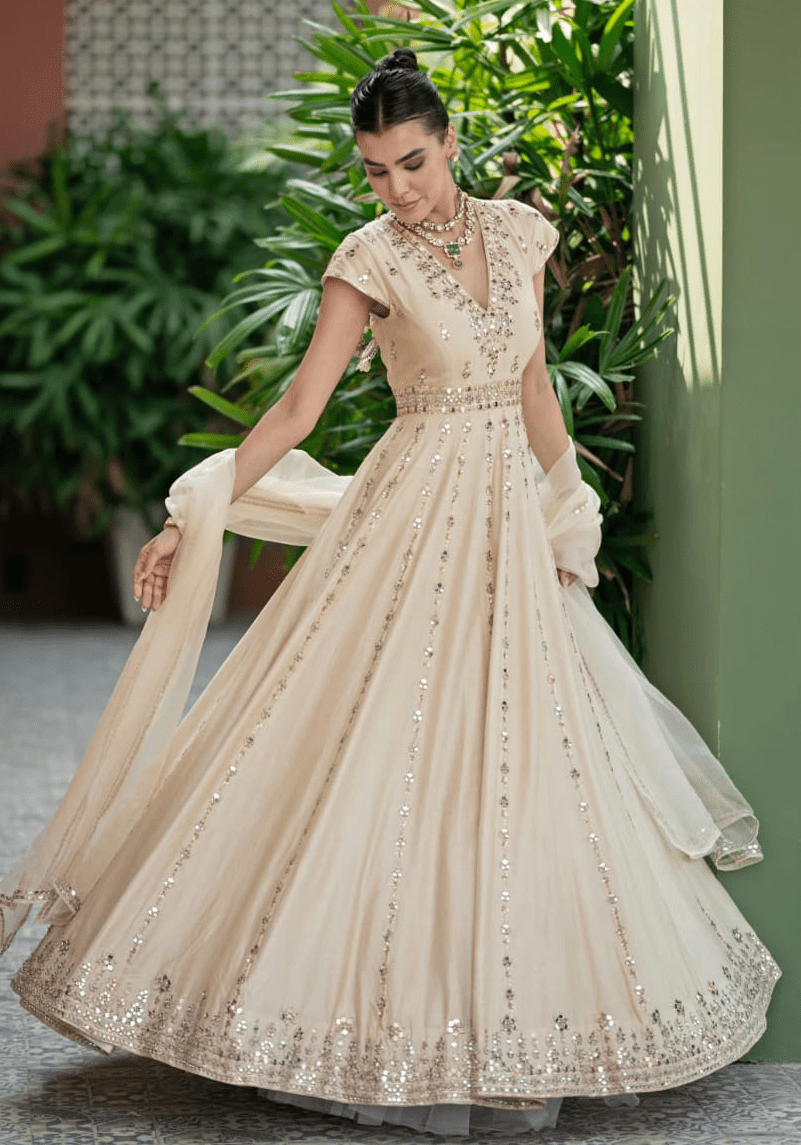 Ivory Gold Chanderi Anarkali Set Esha Koul - Fabilicious Fashion