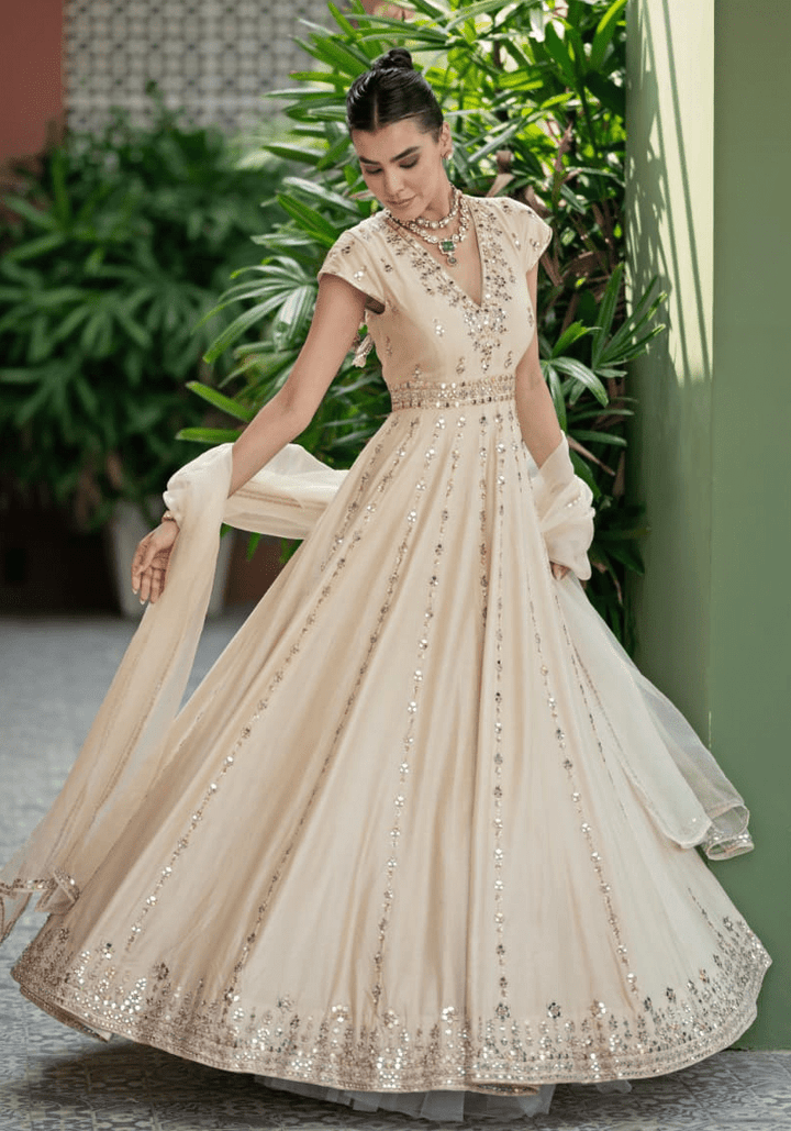 Ivory Gold Chanderi Anarkali Set Esha Koul - Fabilicious Fashion