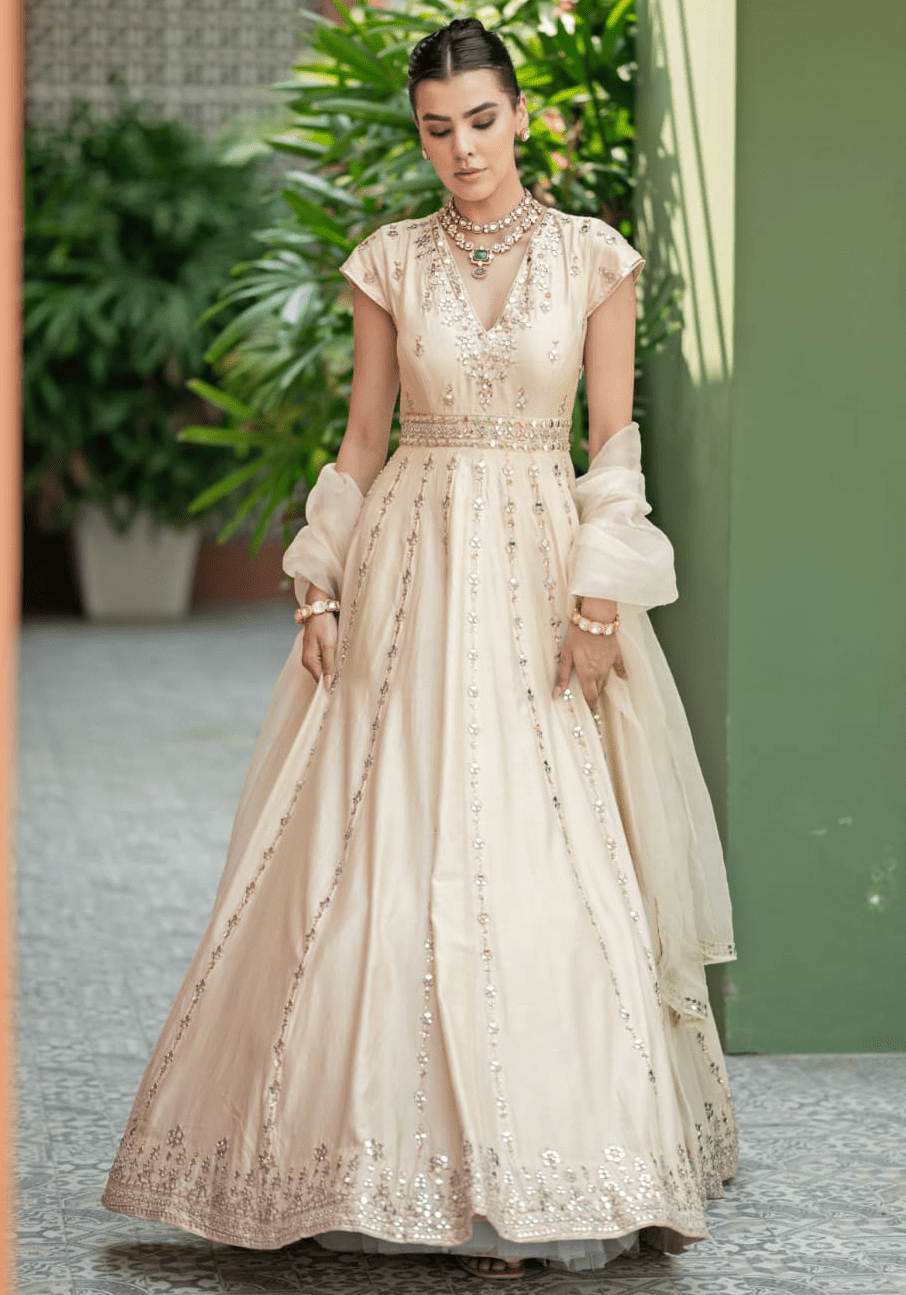 Ivory Gold Chanderi Anarkali Set Esha Koul - Fabilicious Fashion